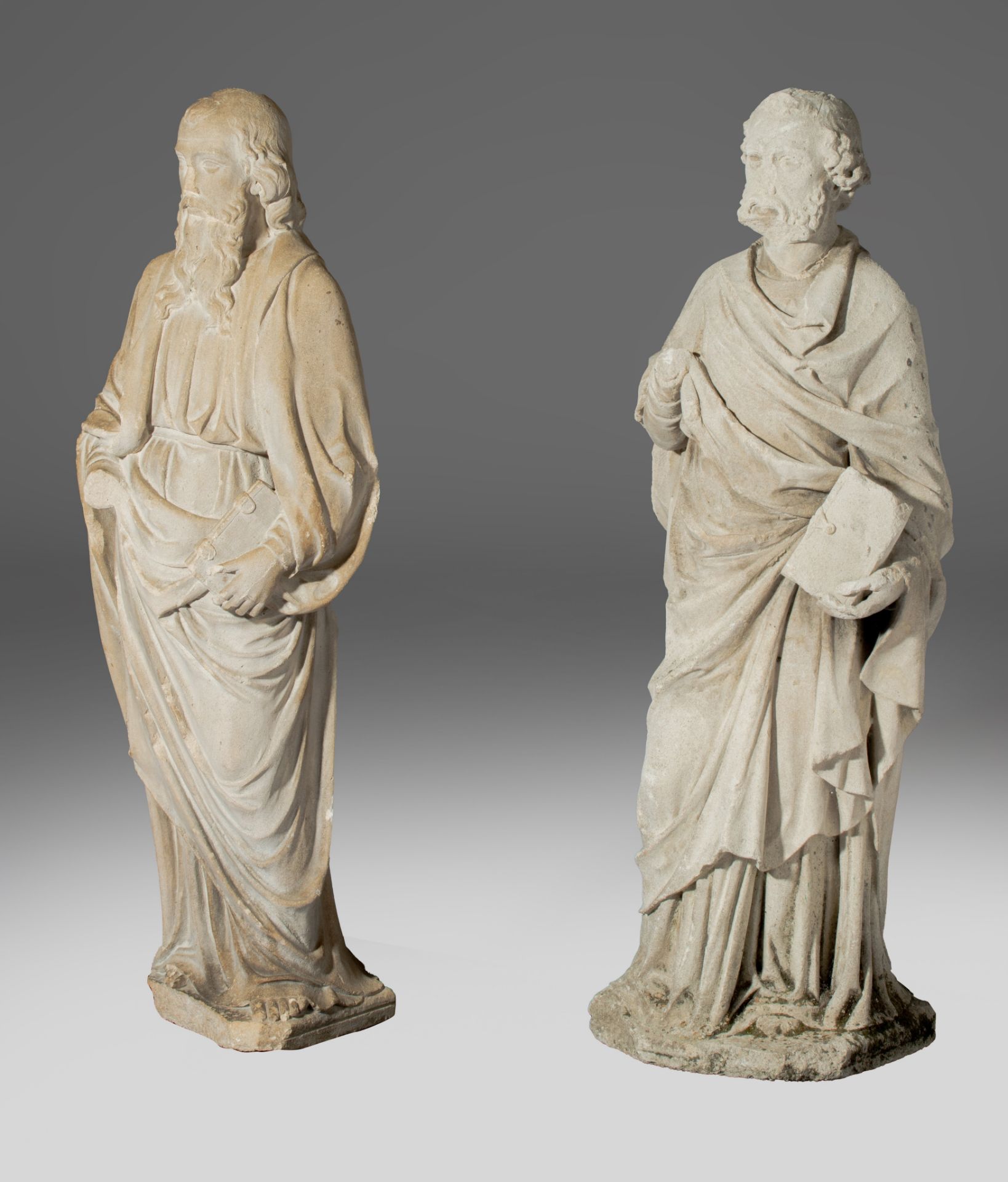 Two matching reconstituted stone sculptures of standing evangelists, H 83 - 85 cm - Image 3 of 11