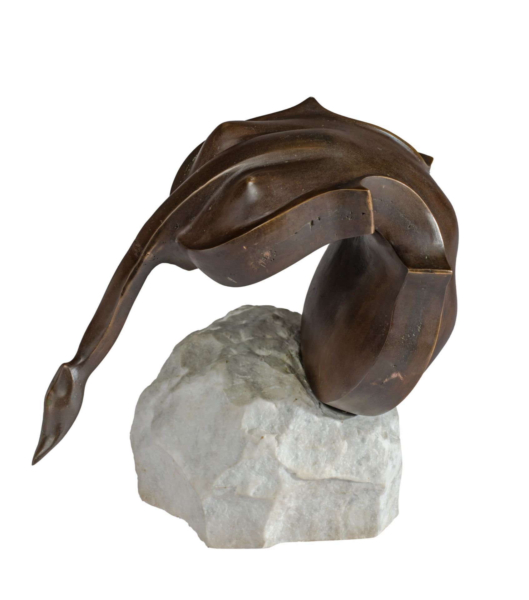 Deller, anthropomorphic violin, N∞ 4/6, patinated bronze on a Carrara marble rock, H 30 cm