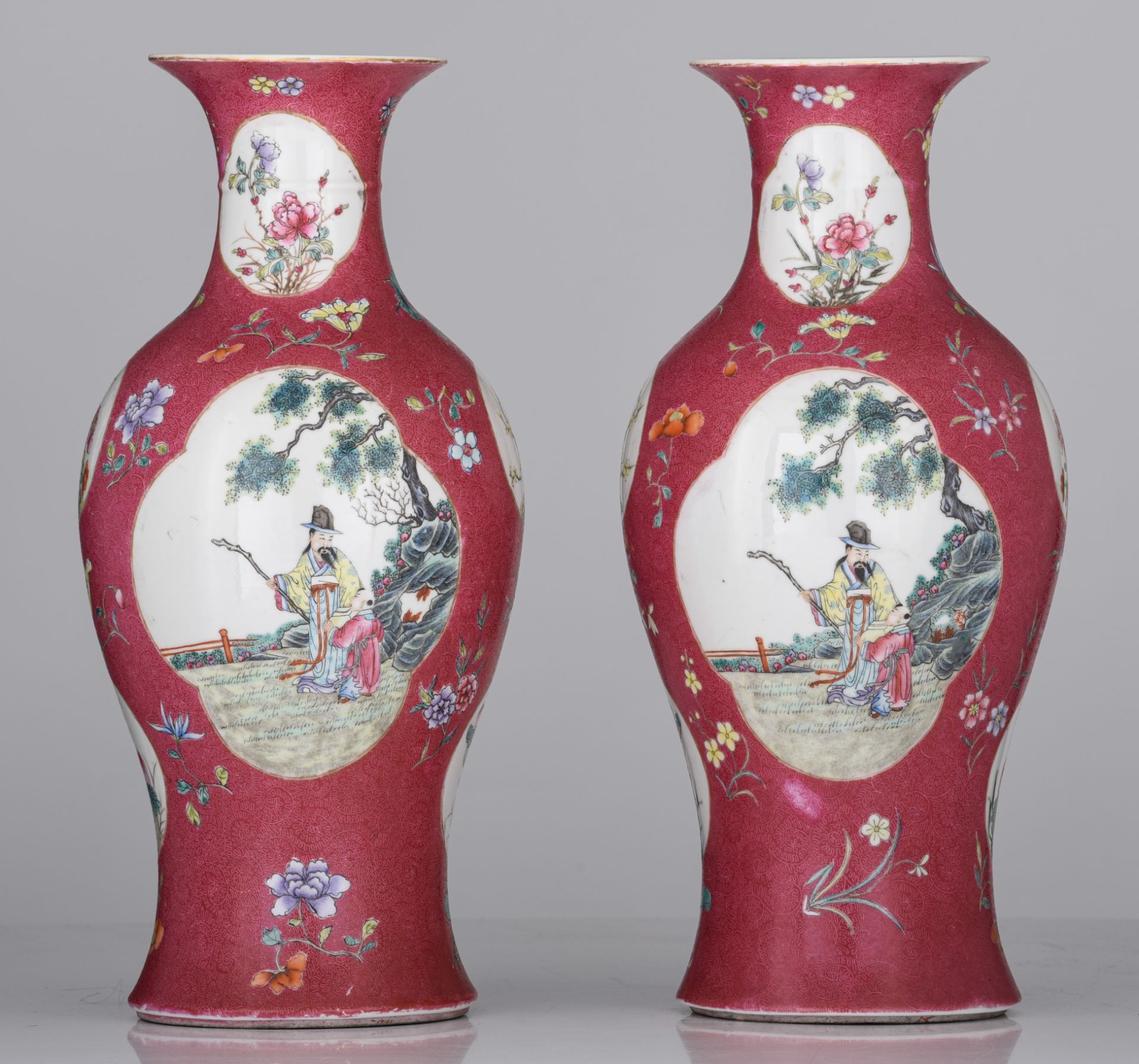 Two Chinese Republic period ruby ground sgraffito baluster vases, with a Qianlong mark, 20thC, H 44, - Image 2 of 9