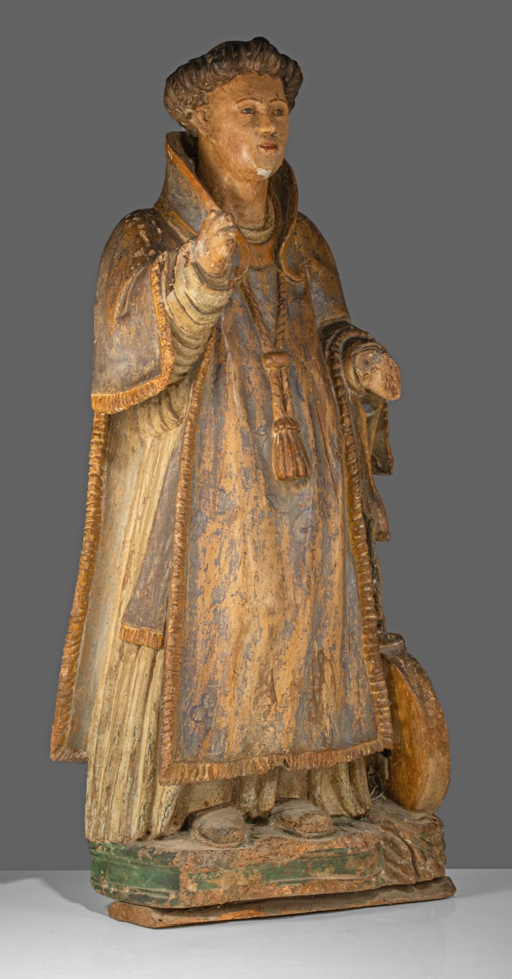 A polychrome painted limewood sculpture of a saint, 18thC, H 120 cm - Image 2 of 11
