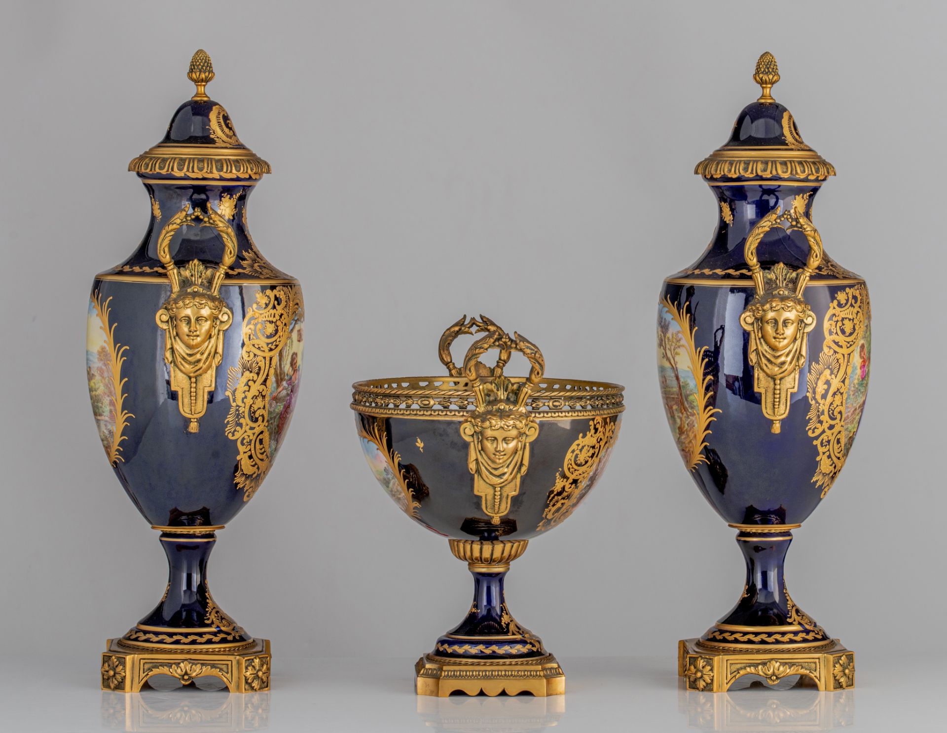 A three-piece SËvres type garniture set, with hand-painted roundels, H 34 - 59 cm - Image 5 of 13