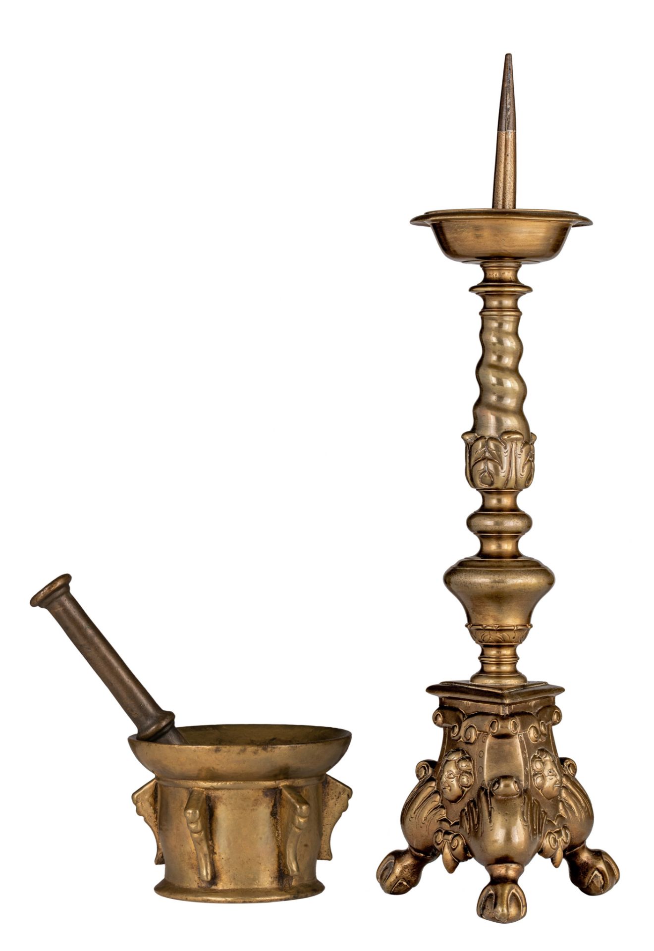 (BIDDING ONLY ON CARLOBONTE.BE) A 17thC Spanish bronze mortar, with matching pestle, and a Baroque b