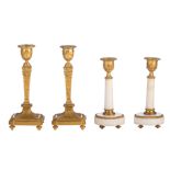 (BIDDING ONLY ON CARLOBONTE.BE) Two pairs of Neoclassical candlesticks, H 17,5 - 21 cm