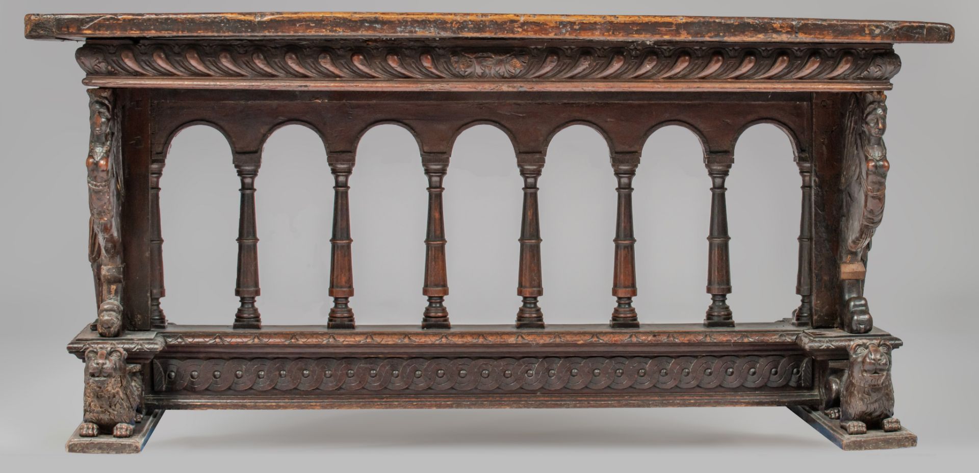 An exceptional Italian Renaissance carved walnut centre table, 16th/17thC, H 82 - W 165 - D 86,5 cm - Image 5 of 12