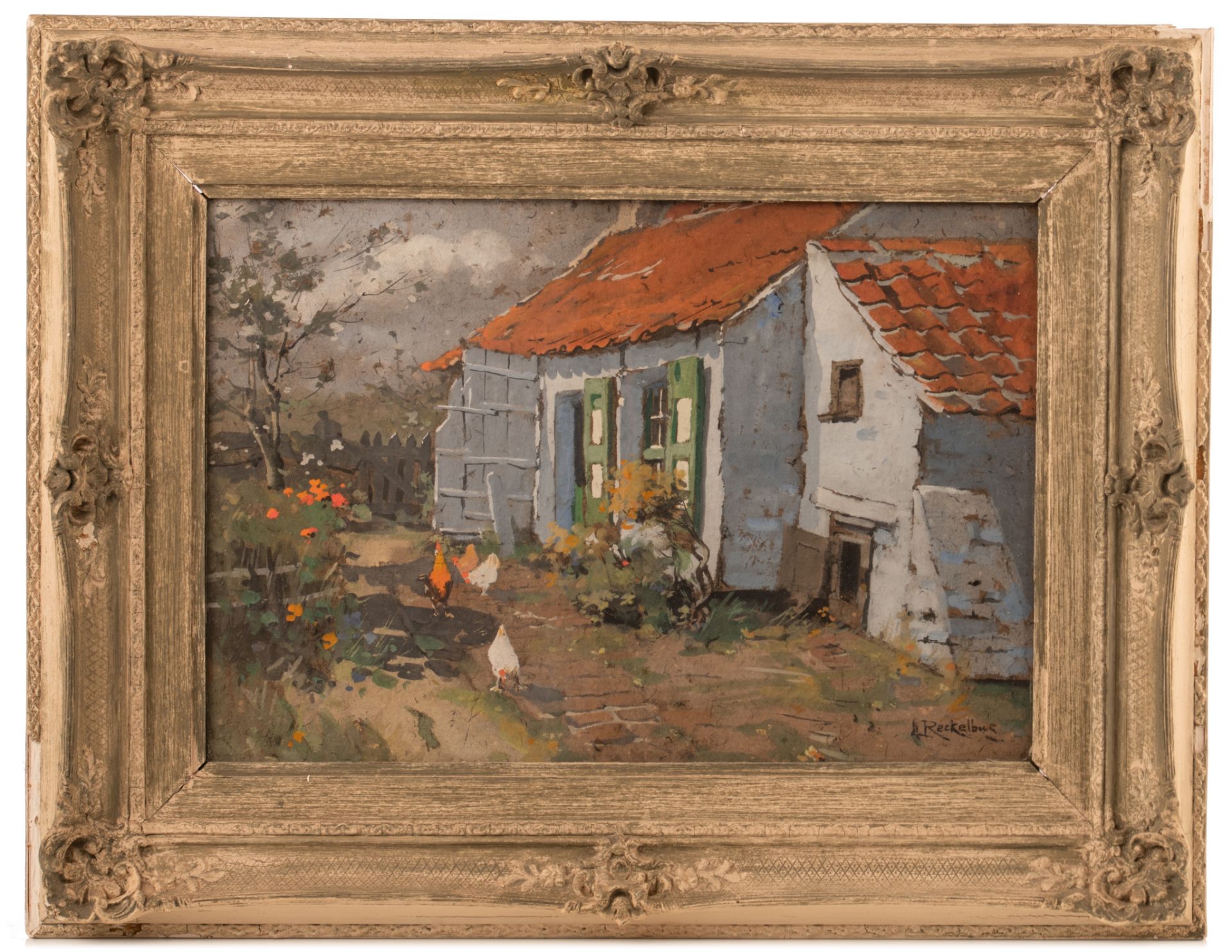(BIDDING ONLY ON CARLOBONTE.BE) Louis Reckelbus (1864-1958), the henhouse, gouache on paper, 37 x 54 - Image 2 of 6