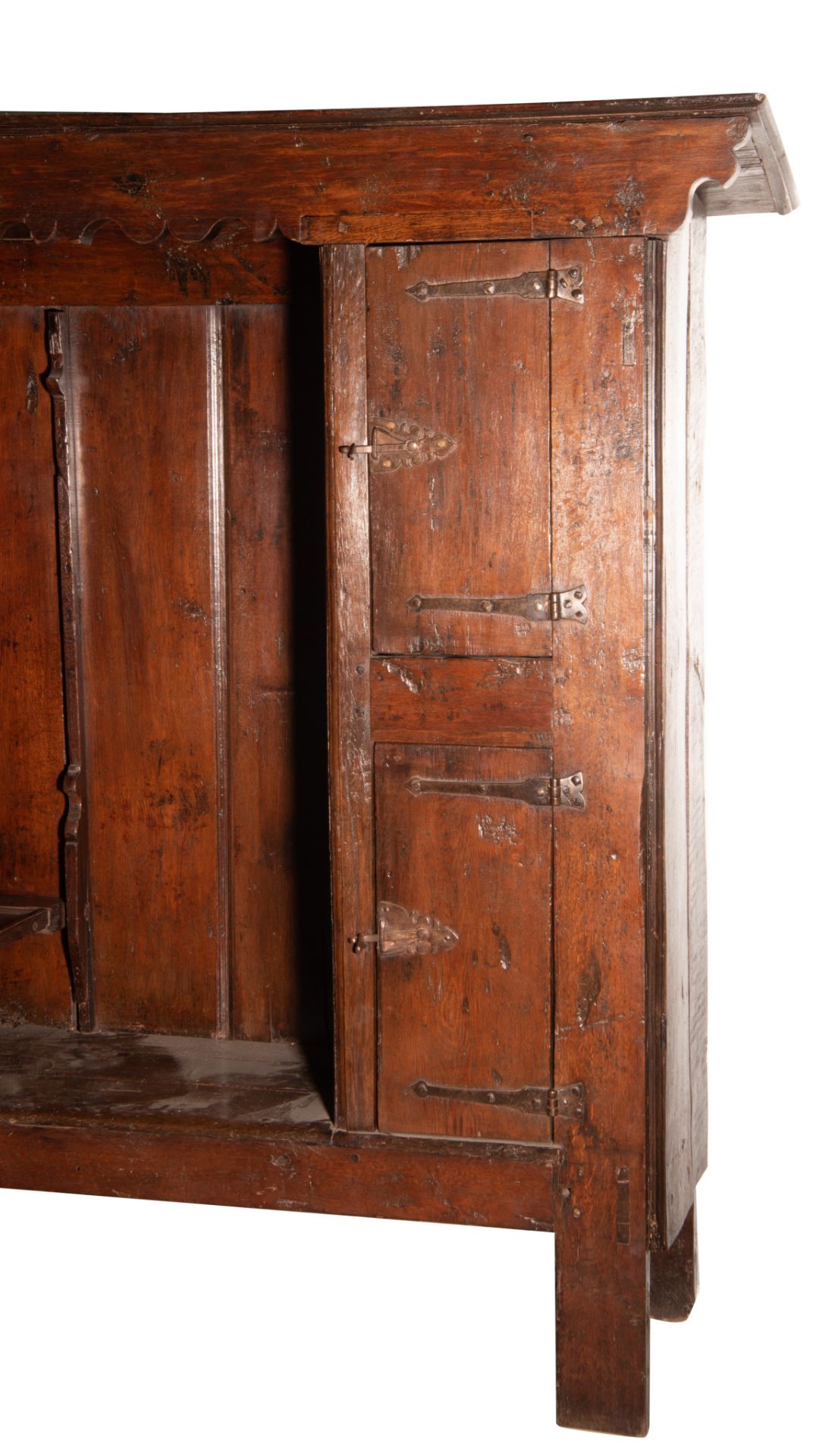 A curious English Elizabethan style oak bench cupboard, with wrought iron fittings, H 180 - W 248 - - Image 4 of 4