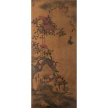 A Chinese painting, 'Magpies and flower branches', watercolour on silk, framed, Tang style, 57,5 x 1