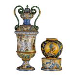 (BIDDING ONLY ON CARLOBONTE.BE) A large majolica type vase on stand, and a matching smaller vase, H