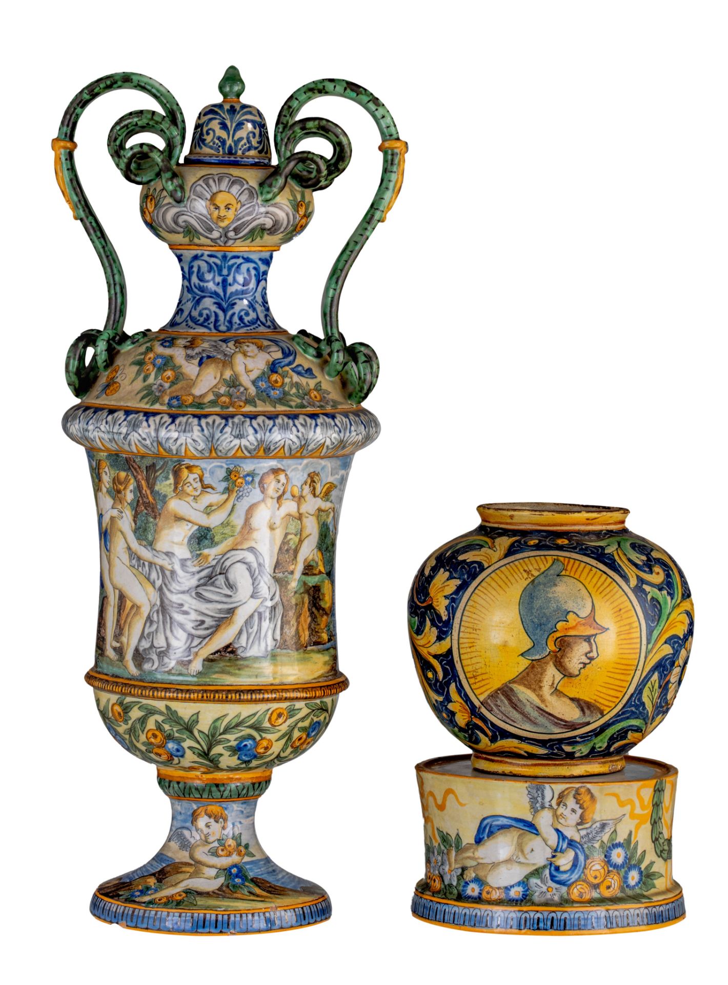 (BIDDING ONLY ON CARLOBONTE.BE) A large majolica type vase on stand, and a matching smaller vase, H