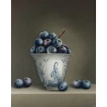 Ignace Bauwens, blueberries in a Chinese Ming 'Klapmuts', oil on panel, 80 x 100 cm