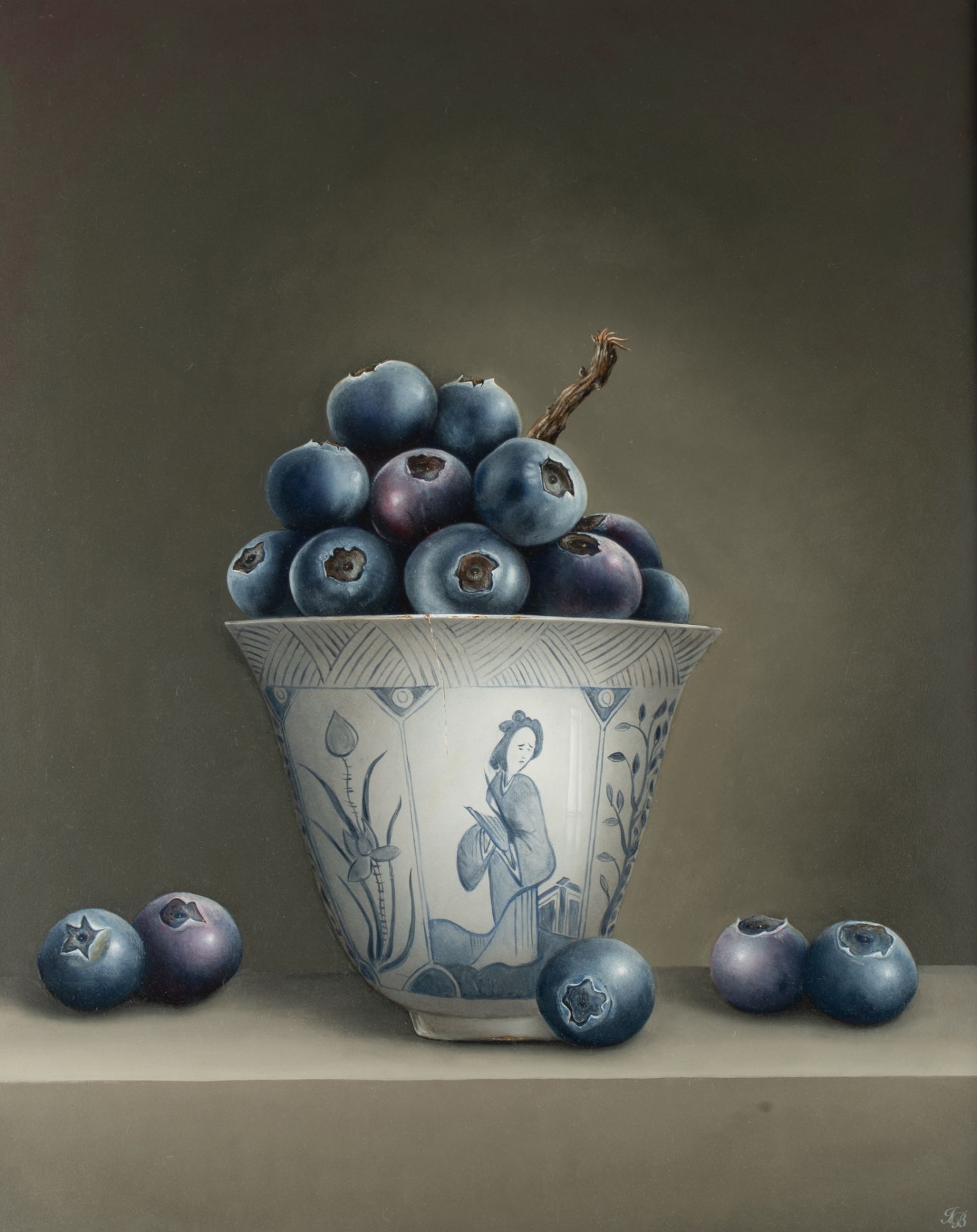 Ignace Bauwens, blueberries in a Chinese Ming 'Klapmuts', oil on panel, 80 x 100 cm