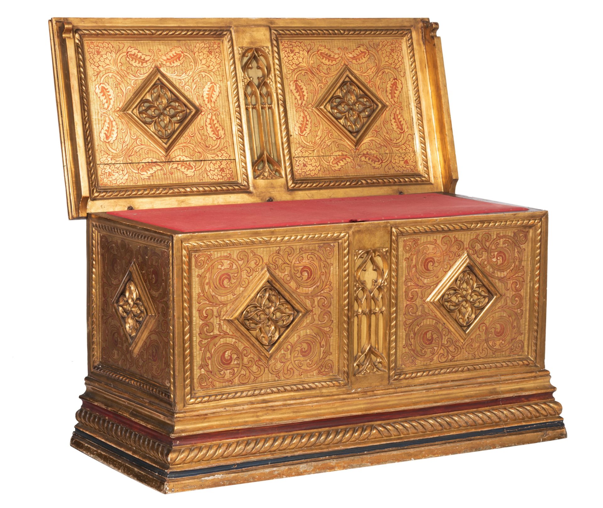 A fine Gothic Revival gilt decorated walnut trunk, H 64 - W 118 - D 54 cm - Image 2 of 8