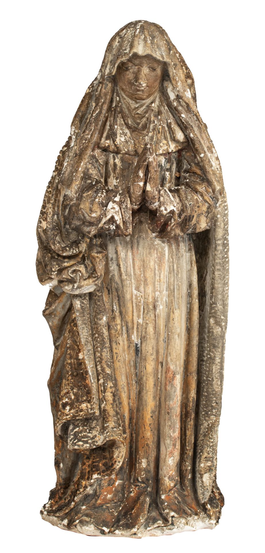 A polychrome plaster sculpture of the Madonna in devotion, 19th/20thC, H 113 cm