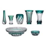 (BIDDING ONLY ON CARLOBONTE.BE) A collection of green overlay cut glass items by Val-Saint-Lambert,
