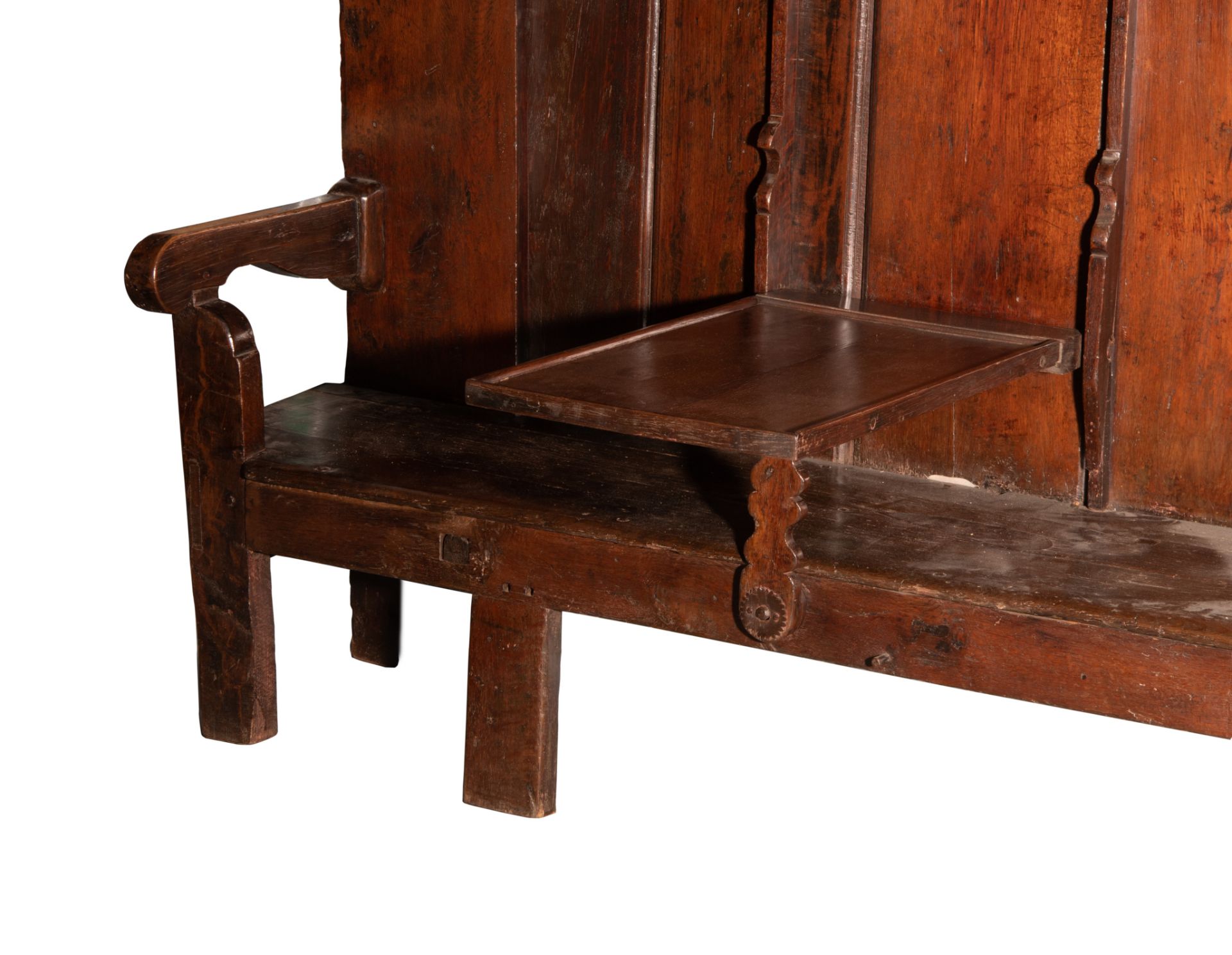 A curious English Elizabethan style oak bench cupboard, with wrought iron fittings, H 180 - W 248 - - Image 2 of 4