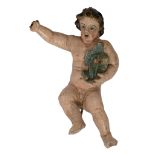 (BIDDING ONLY ON CARLOBONTE.BE) A polychrome wooden putto holding coat of arms bearing a tulip, 18th