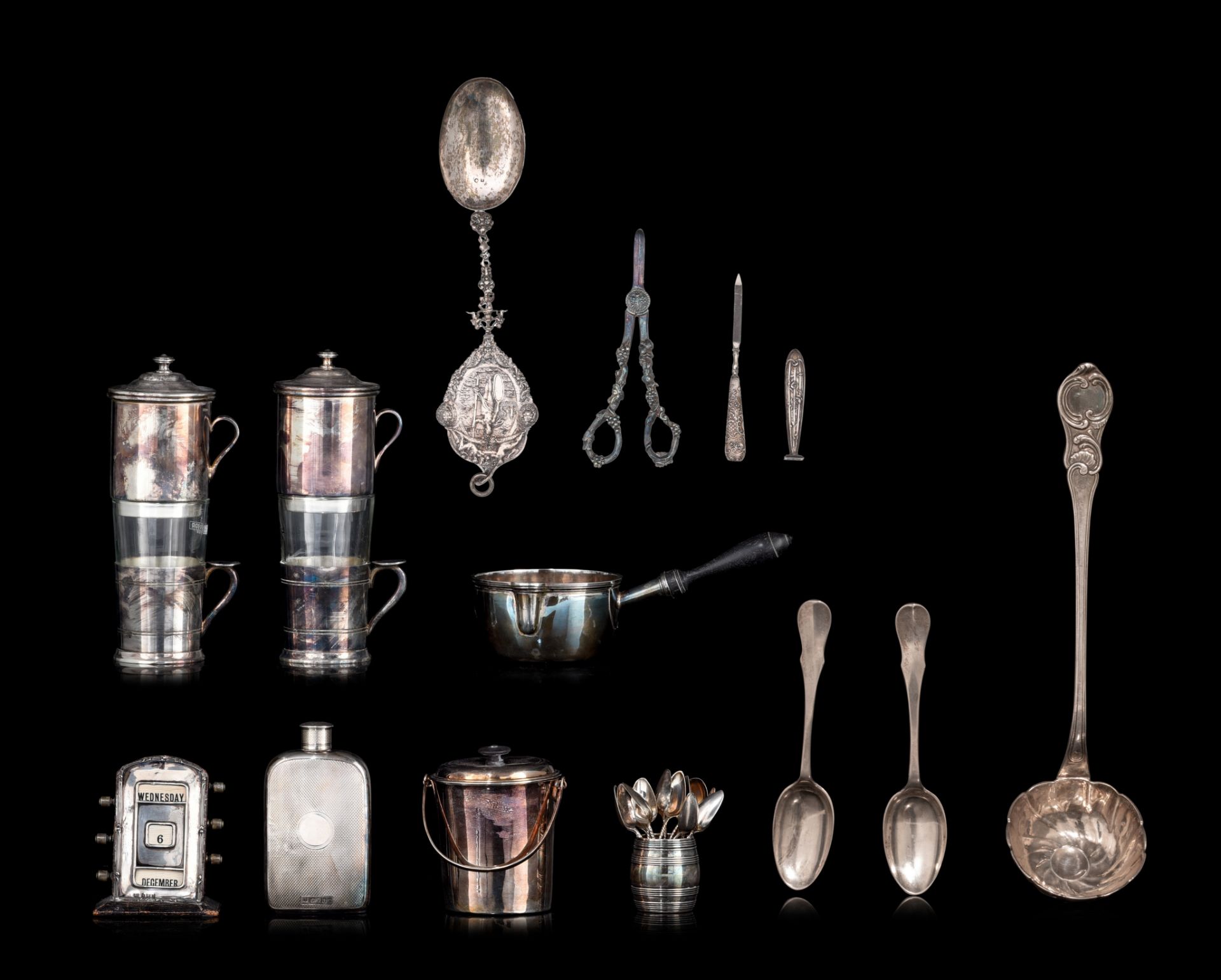 A collection of silver and silvered objects, total weight: 630g, H 5 - 20,5 cm