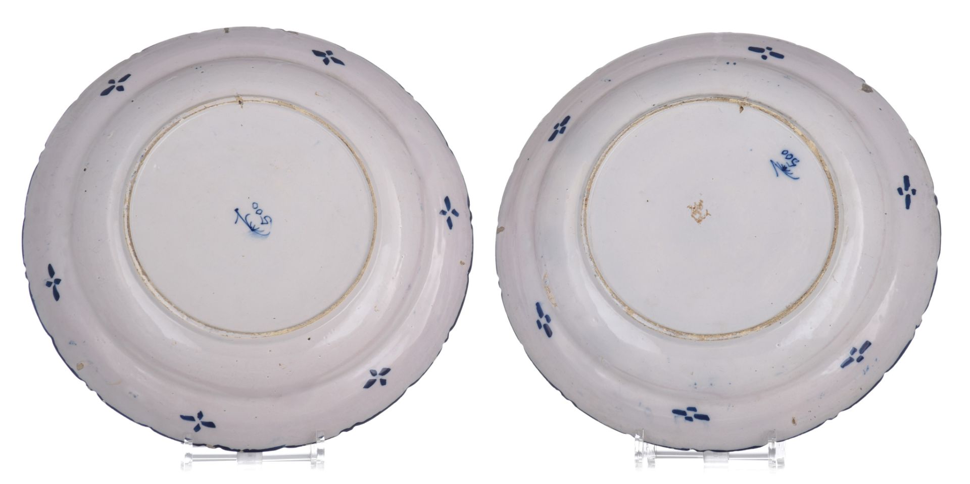 A collection of six Delft blue and white flower basket chargers, marked 'De Klauw', 18thC, ¯ 35 cm - Image 3 of 10