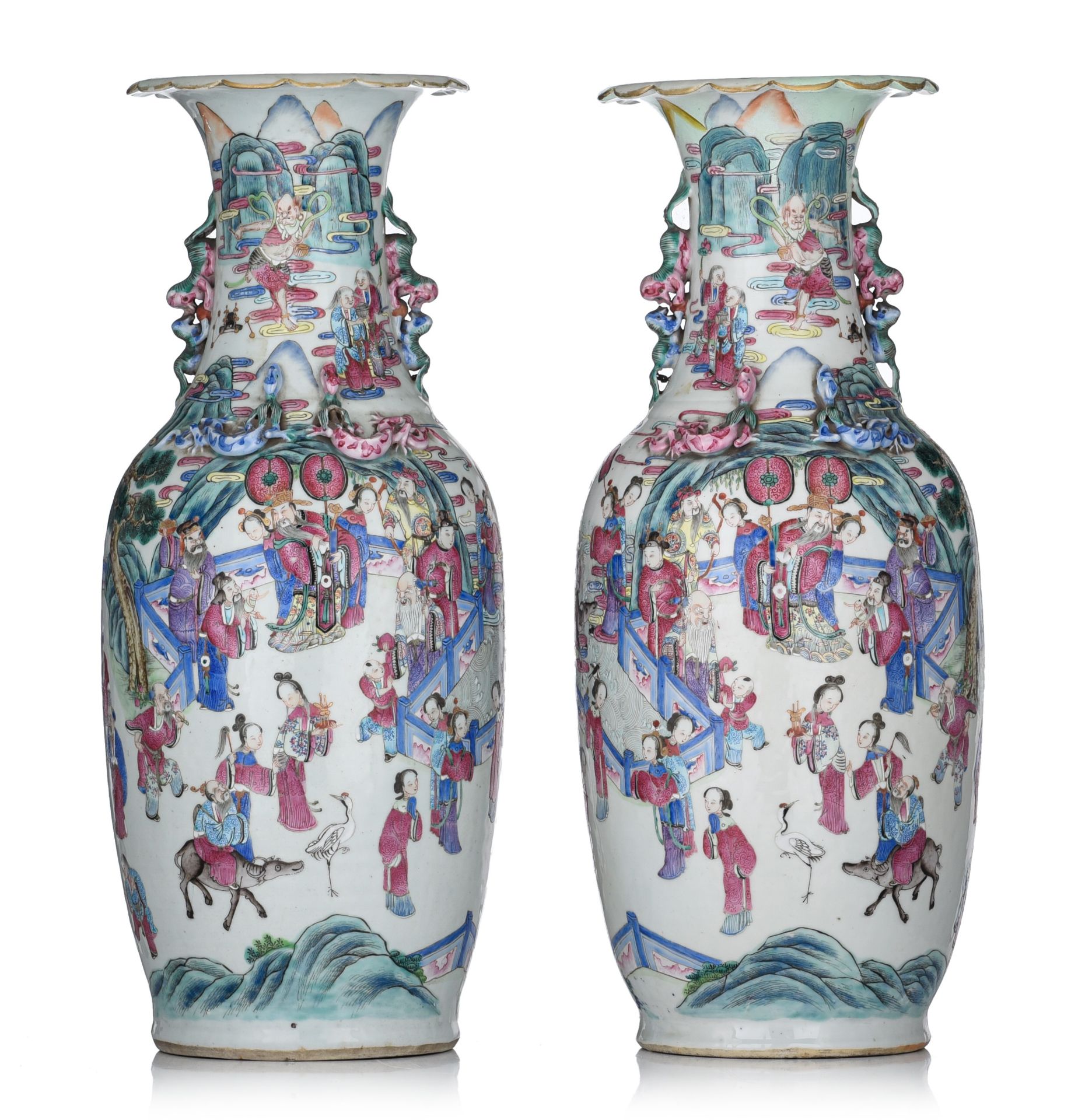 A pair of Chinese famille rose 'banquet' vases, 19thC, H 63,5 cm