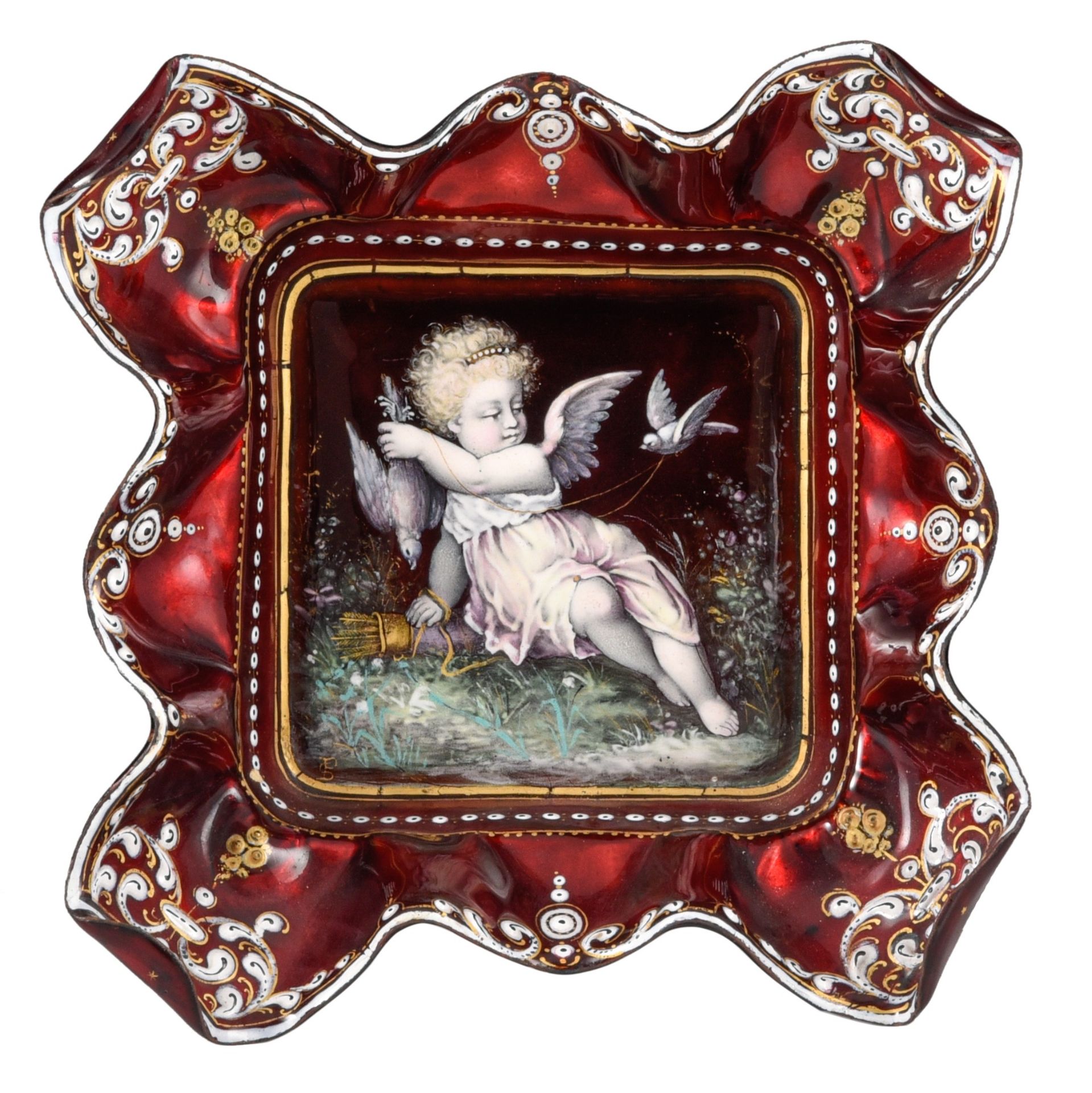 A Limoges enamel bowl, 'the allegory of love', ca 1875, H 4 - 13 - 13 cm (+)