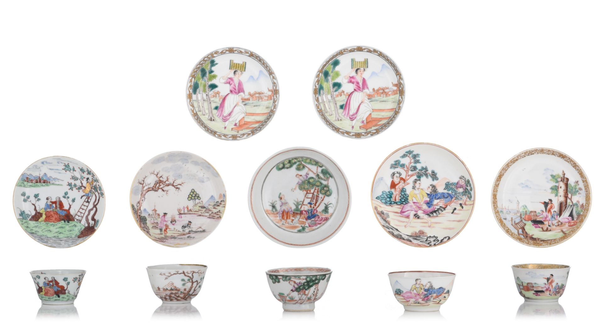 (BIDDING ONLY ON CARLOBONTE.BE) A collection of five matching sets of Chinese famille rose export te