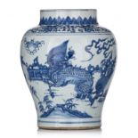 A Chinese Transitional style blue and white jar, H 34,5 cm