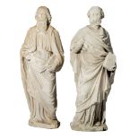 Two matching reconstituted stone sculptures of standing evangelists, H 83 - 85 cm