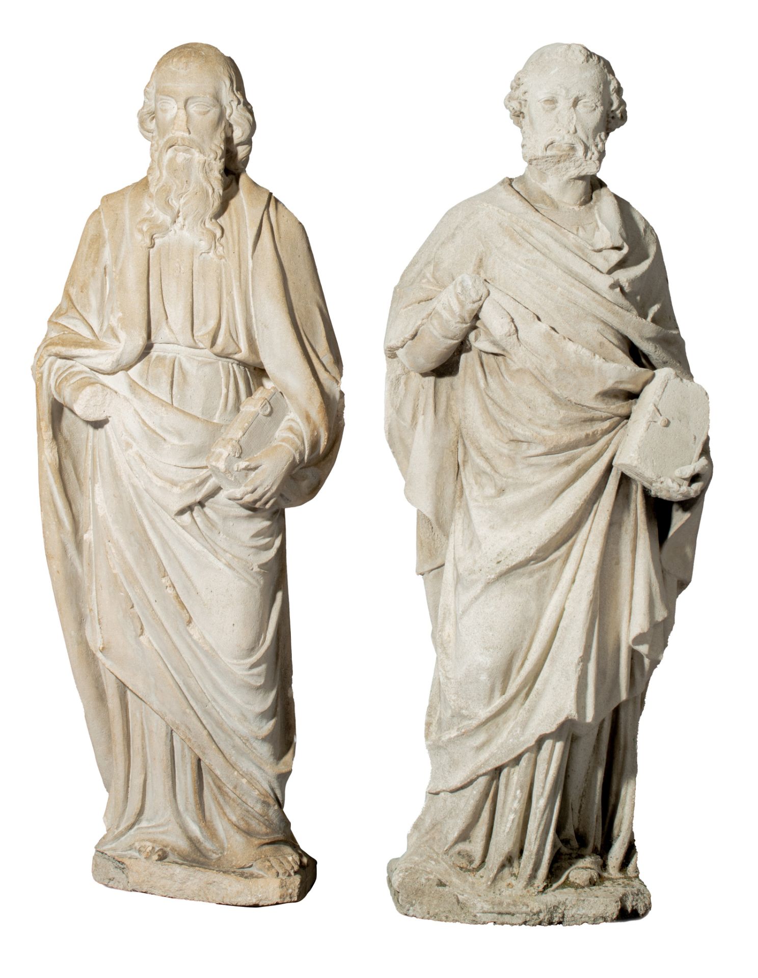 Two matching reconstituted stone sculptures of standing evangelists, H 83 - 85 cm