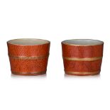A pair of Chinese faux-bois bucket jardinieres, 19thC/20thC, H 14,5 - ¯ 19,5 cm