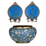 Two Japanese cloisonne enamelled wall lights, 20thC, 42 x 30 cm - added a Chinese cloisonne enamelle