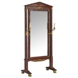 An Empire-style 'Psyche' or cheval mirror, the mirror flanked by two scones, H 208 - W 94 cm
