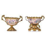 Two European copies of Chinese porcelain mandarin bowls, decorated with gilt bronze mounts, H 23,5 -