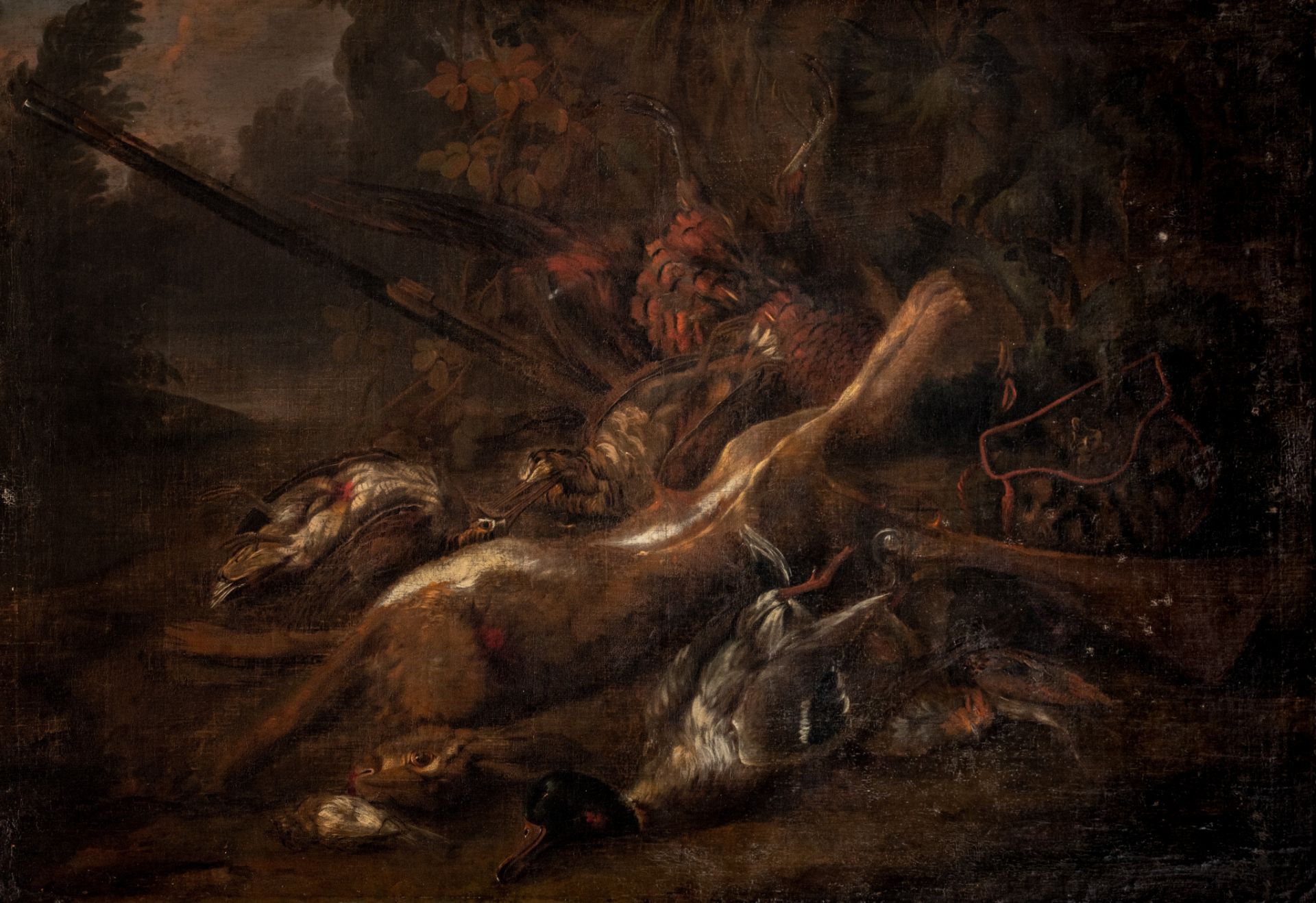 Frans Snyders (1579-1657), hunting still life with poultry and a hare, 17thC, 89 x 128 cm