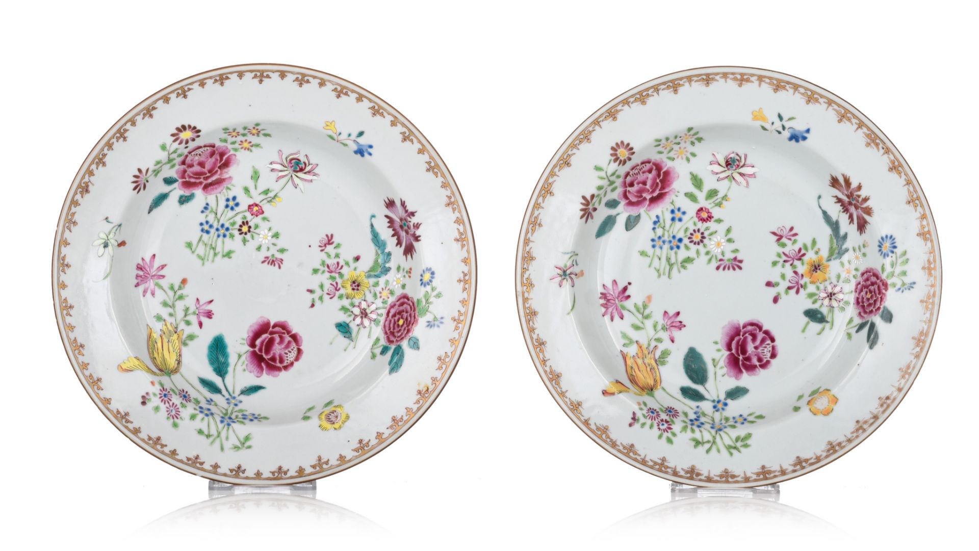A collection of six Chinese famille rose export porcelain plates, 18thC, ¯ 23,5 cm - Image 2 of 10