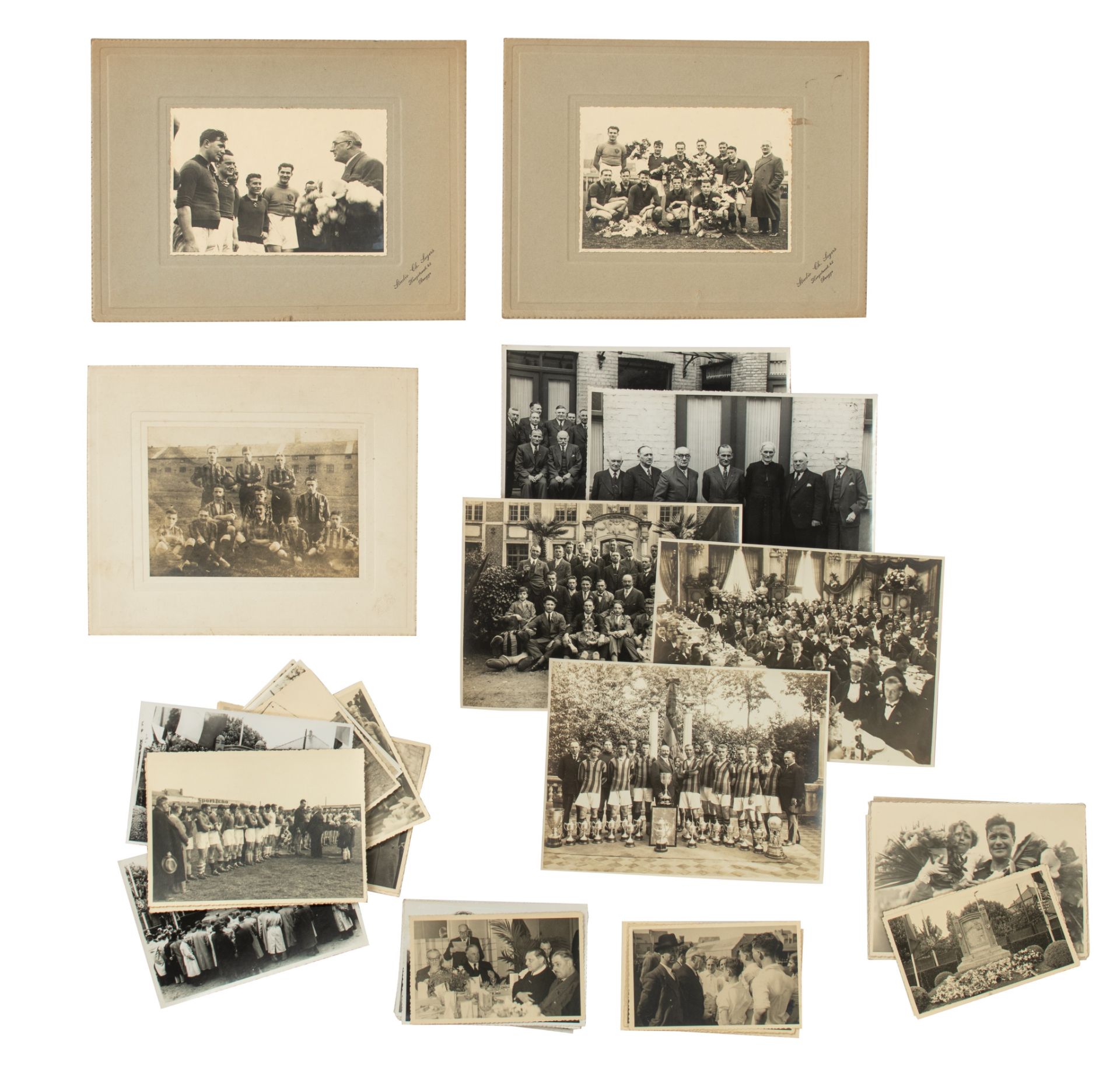 A Collection of blak and white photographs representing the history of Cercle Brugge football team d