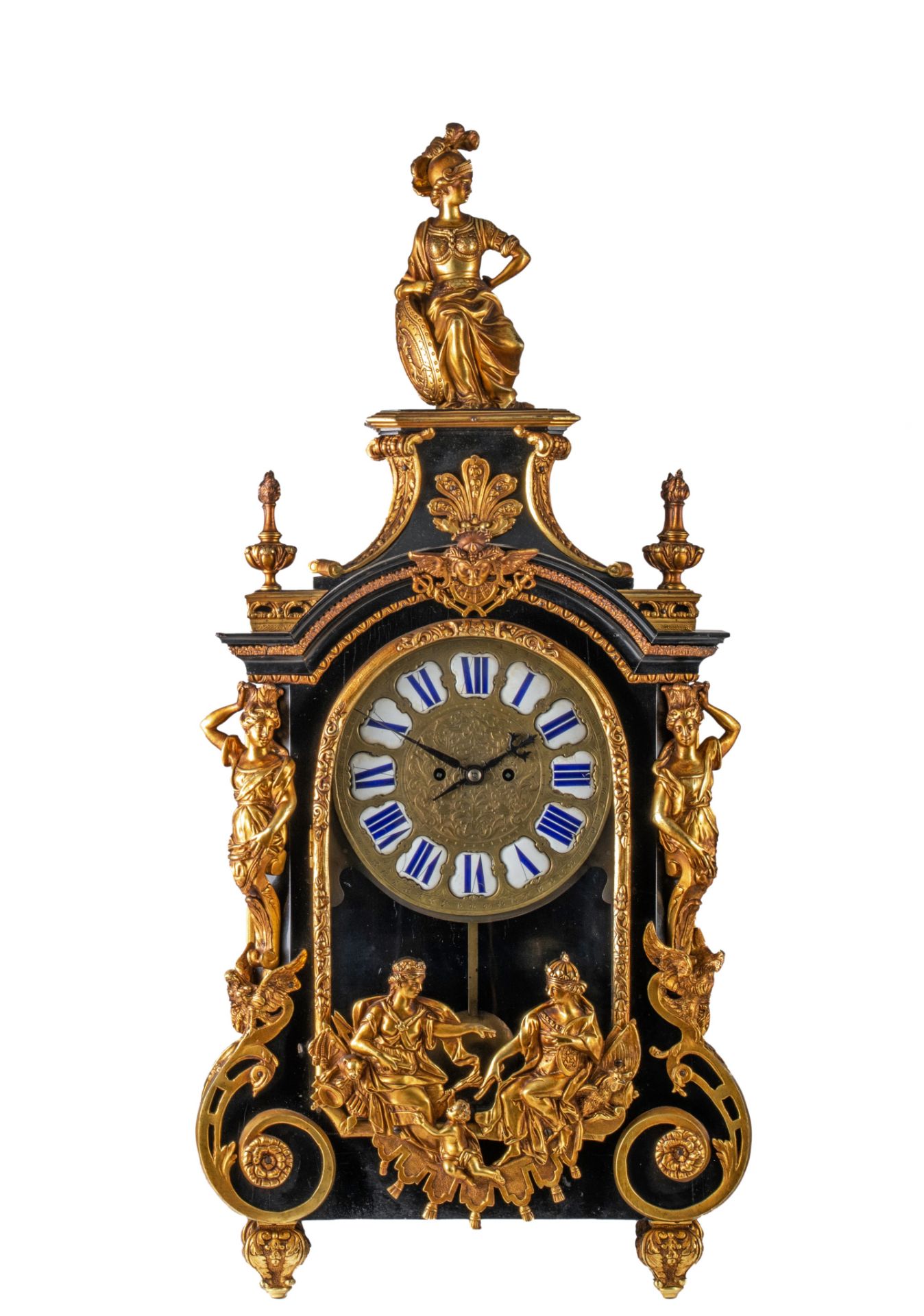 A Napoleon III ebonised wooden 'Pendule Religieuse', with gilt bronze mounts, H 96 cm