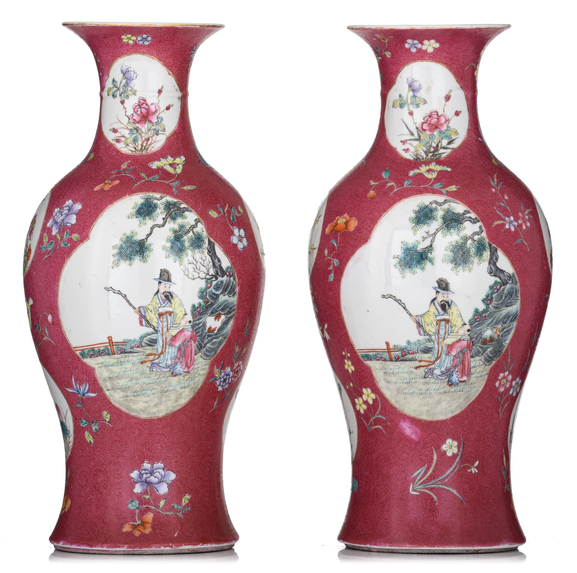 Two Chinese Republic period ruby ground sgraffito baluster vases, with a Qianlong mark, 20thC, H 44,