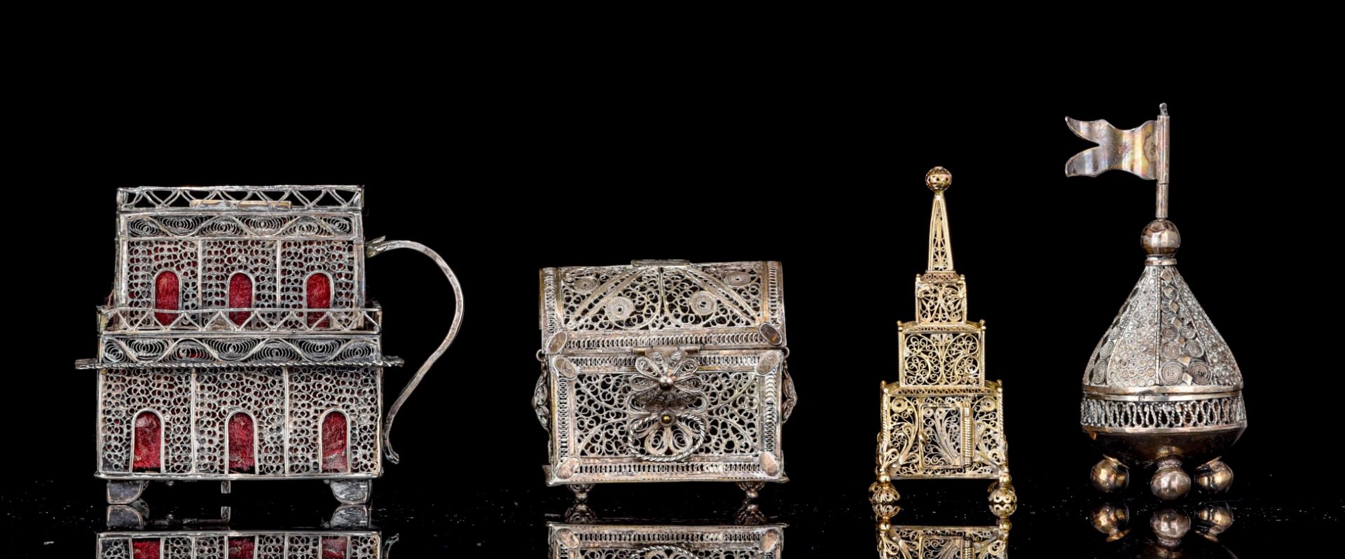 (BIDDING ONLY ON CARLOBONTE.BE) A collection of silver Judaica spice towers, an etrog and tzedakah b - Image 2 of 12