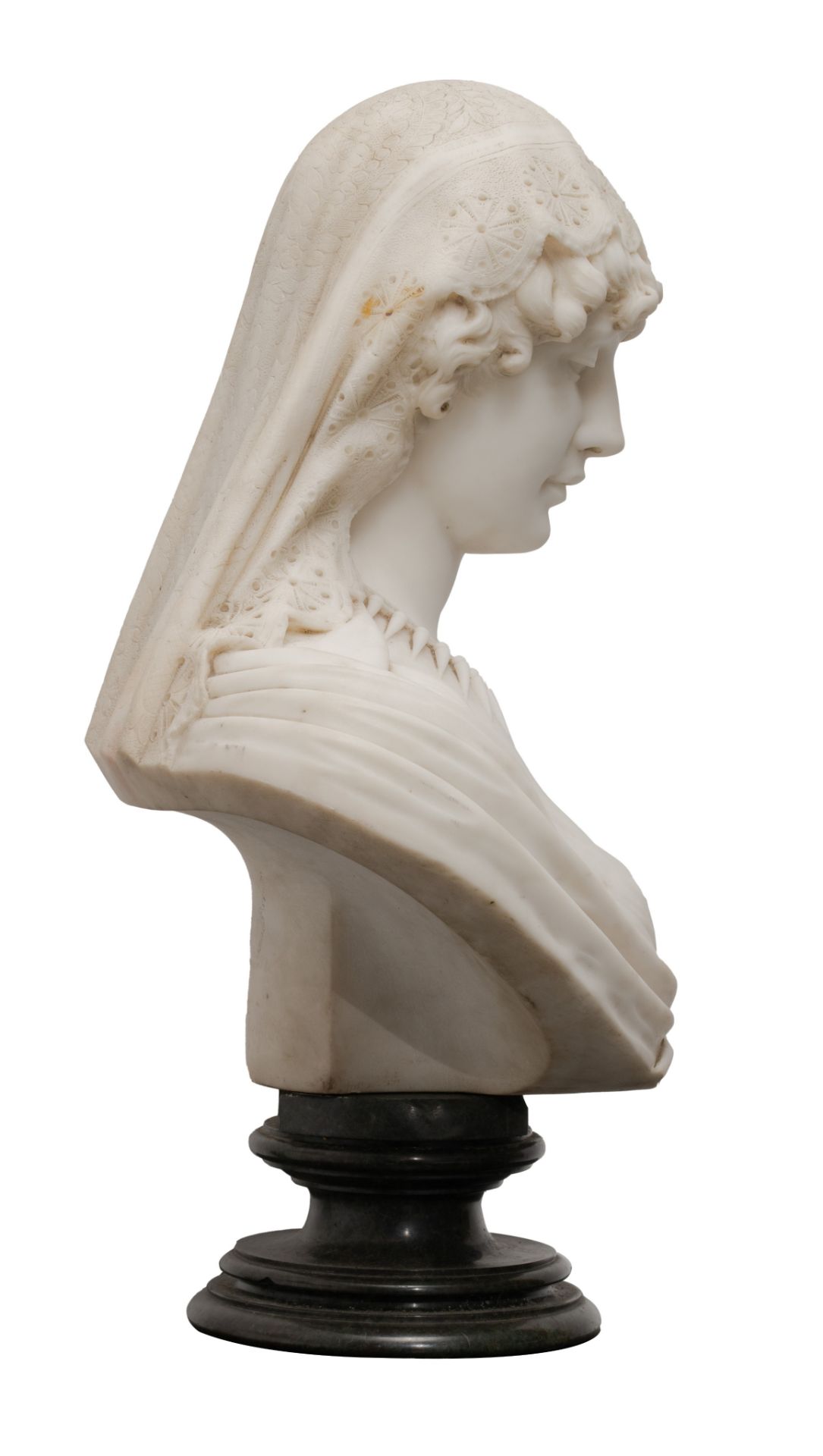Cesare Lapini (1848 - ca. 1910), 'La belle Italienne', a Carrara marble bust, Firenze, 1888, H 73 cm - Image 6 of 7
