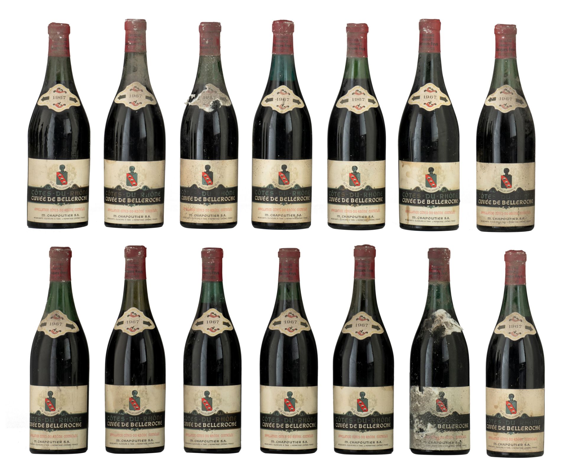A collection of 14 bottles of CÙtes-du-Rhone, Cuvee de Belleroche, 1967, bottled by Jacques Feys, Br
