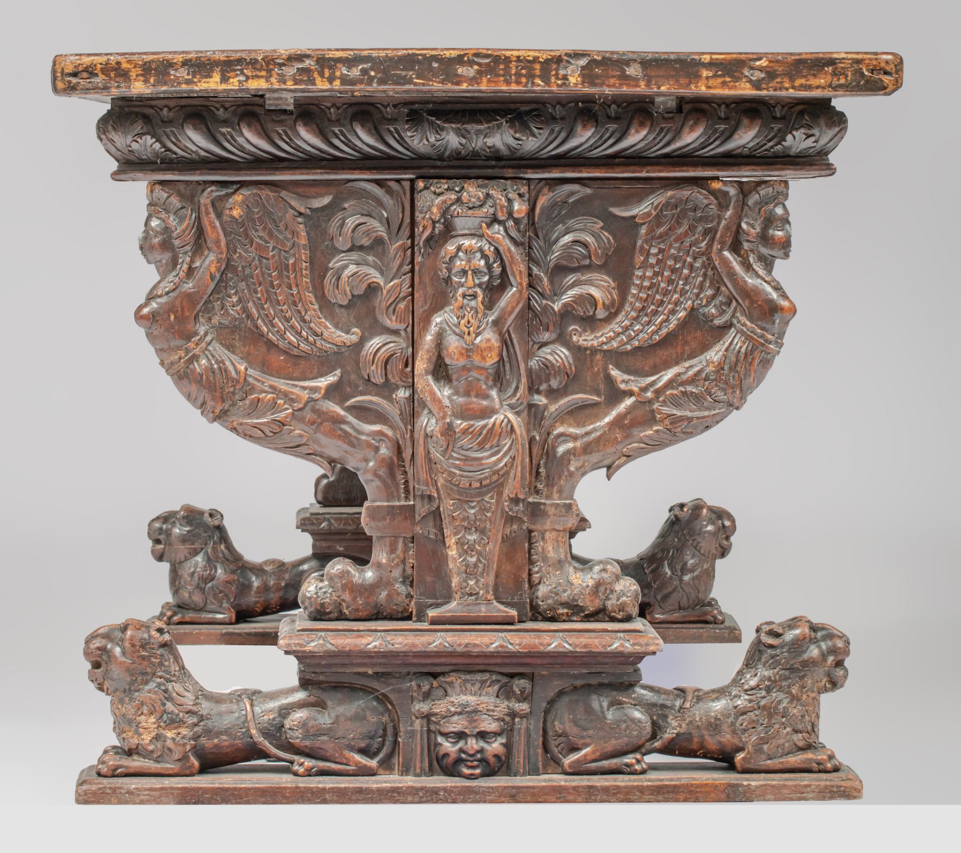 An exceptional Italian Renaissance carved walnut centre table, 16th/17thC, H 82 - W 165 - D 86,5 cm - Image 4 of 12