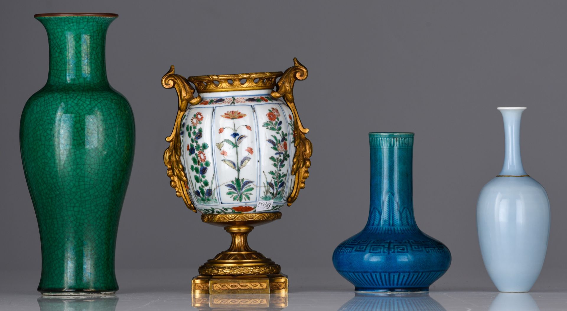 Three Chinese monochrome glazed vases and a famille verte jarlet, one with a Kangxi mark, tallest H - Image 4 of 8