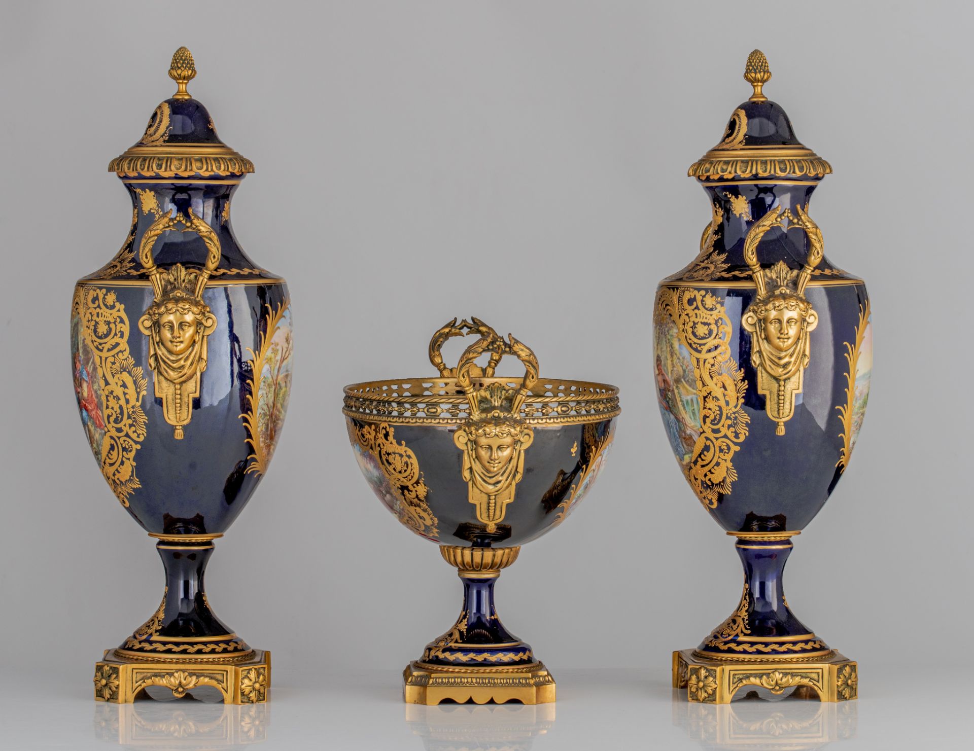 A three-piece SËvres type garniture set, with hand-painted roundels, H 34 - 59 cm - Image 4 of 13