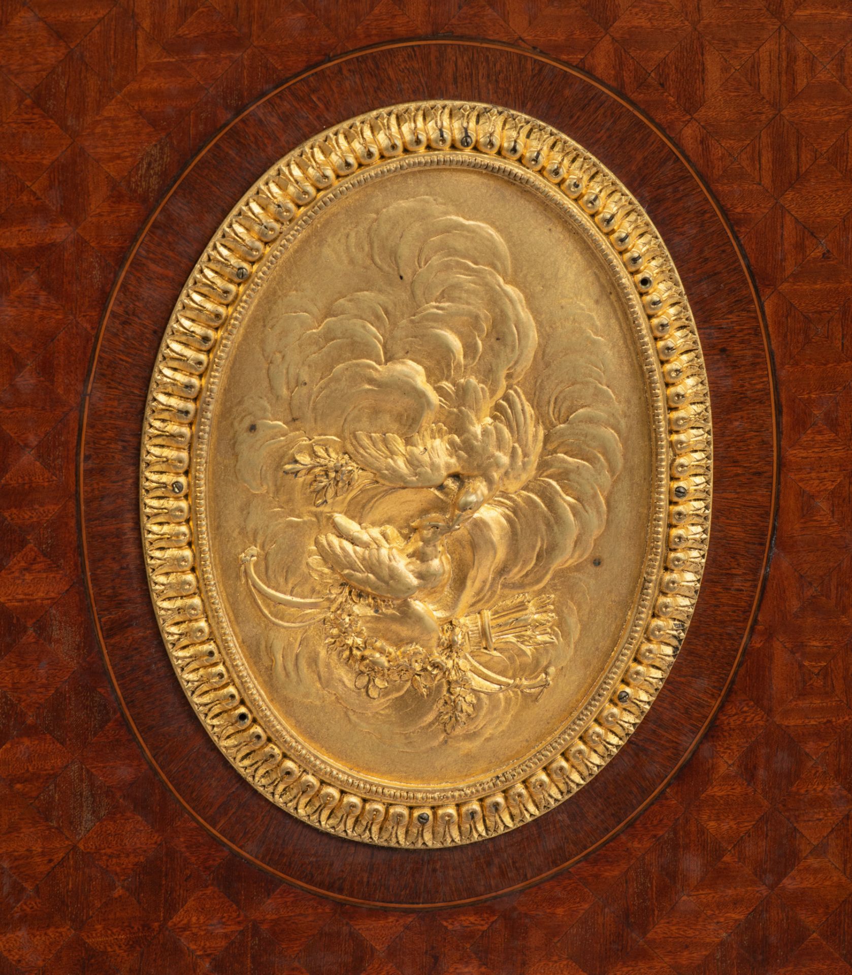 A Neoclassical Napoleon III fall front desk, decorated with parquetry and gilt bronze mounts, H 136 - Image 7 of 7