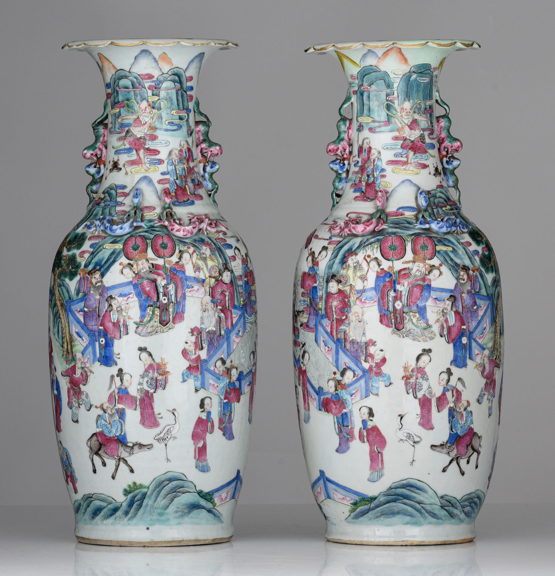 A pair of Chinese famille rose 'banquet' vases, 19thC, H 63,5 cm - Image 2 of 7