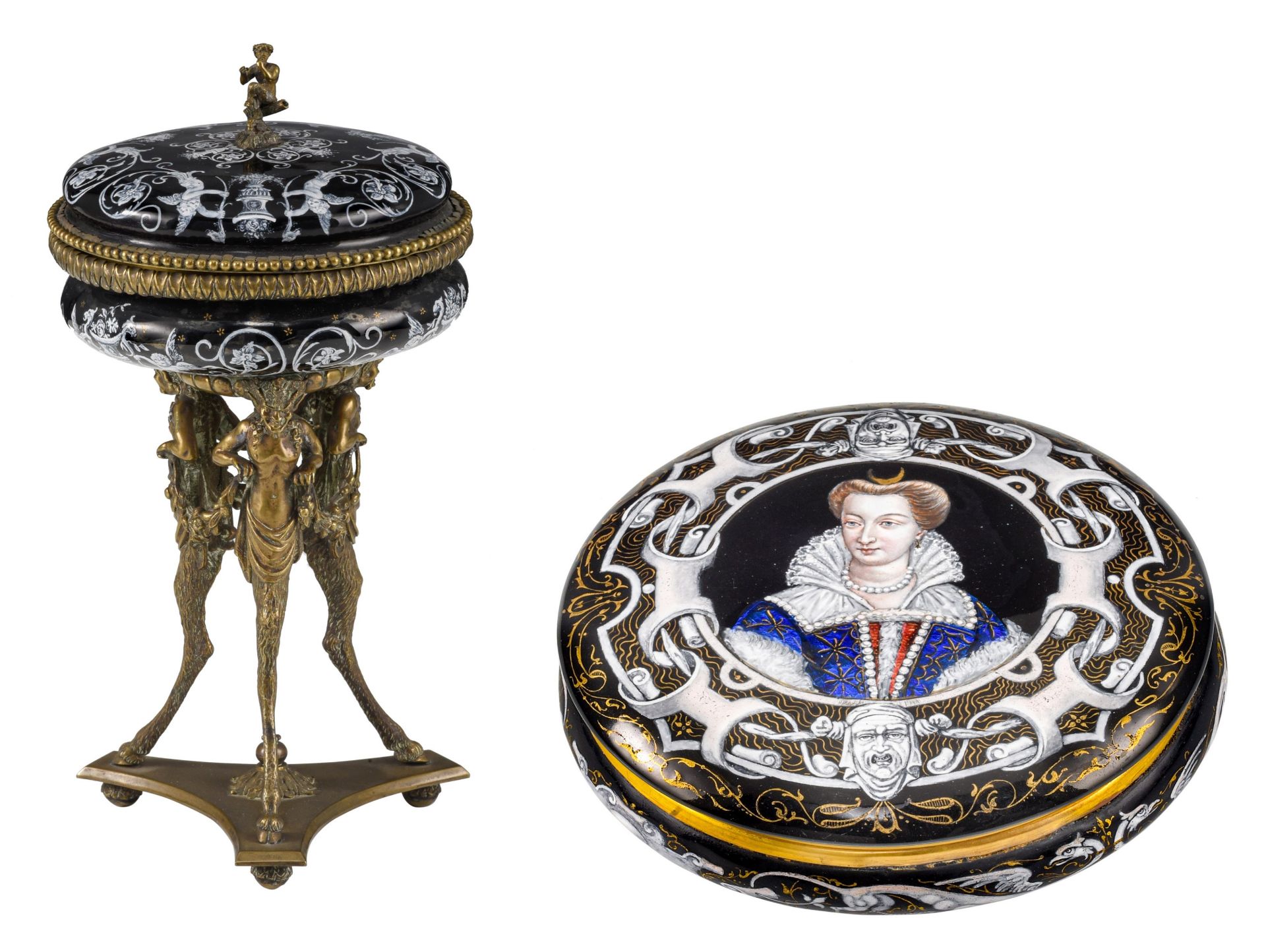 A Limoges enamel box with cover and a tazza with cover, Napoleon III period, H 8 - 23 cm