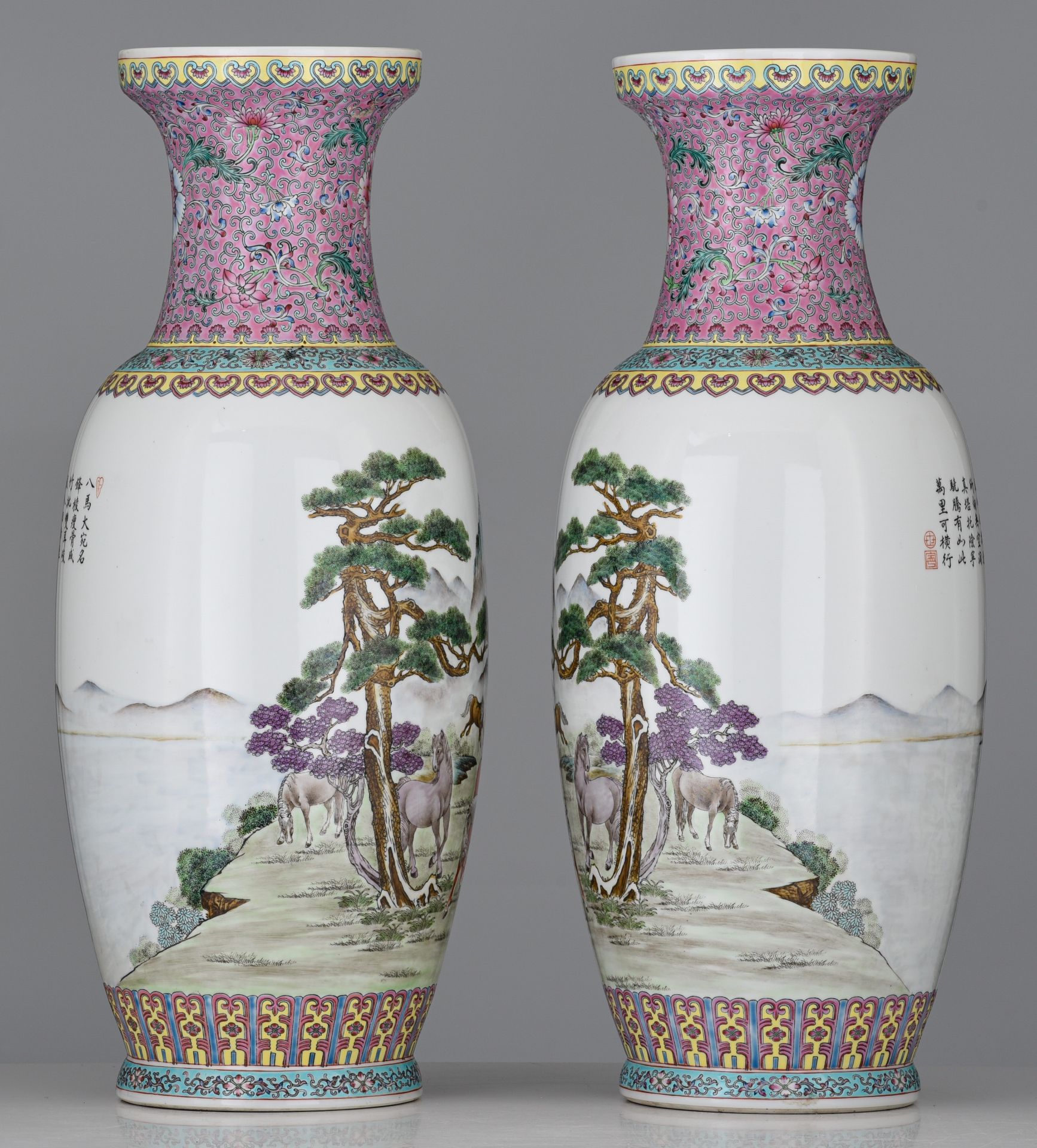 A pair of Chinese famille rose 'The Eight Horses of Wang Mu' vases, the back with a signed text, 20t - Image 3 of 7