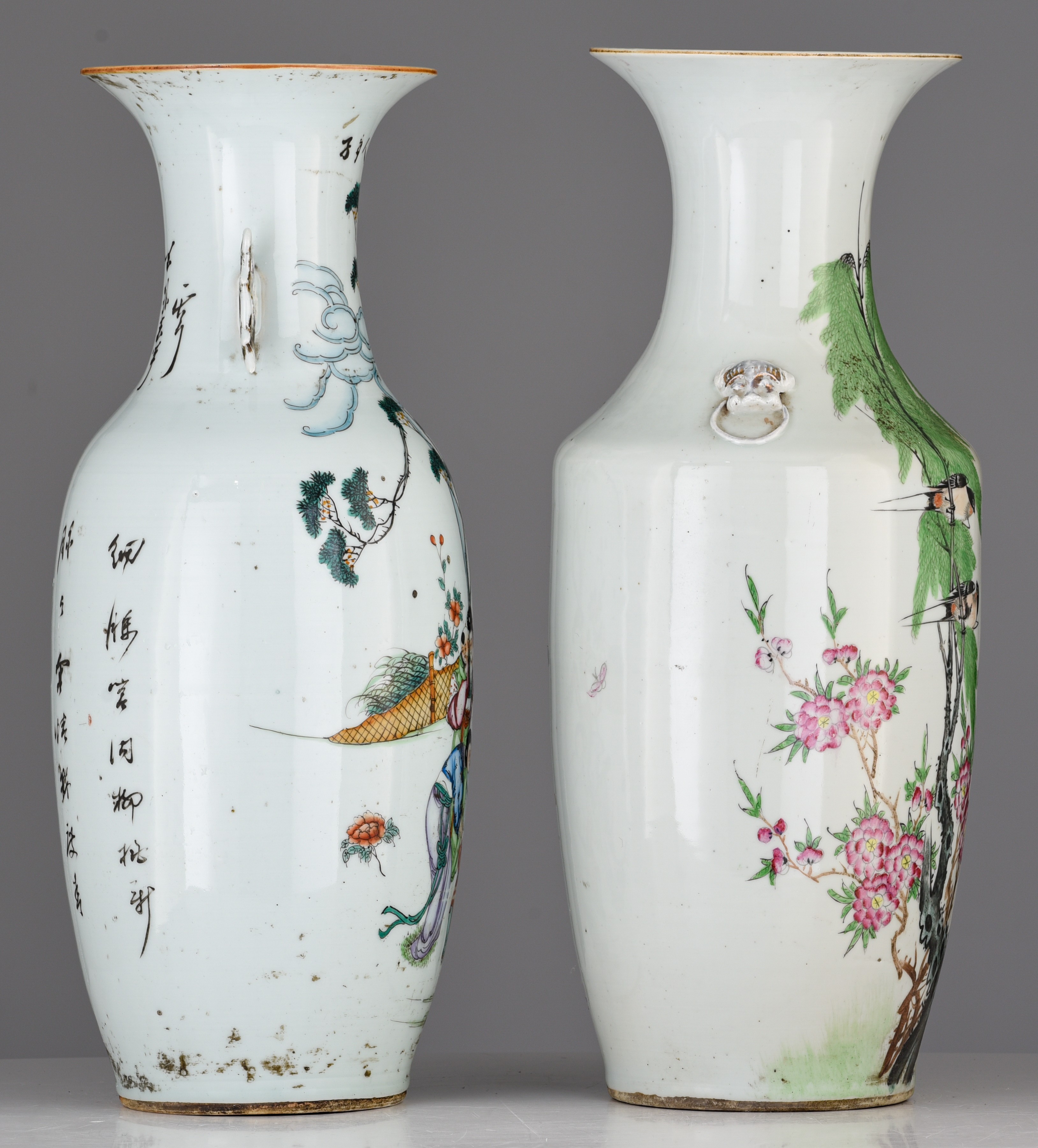 Two Chinese famille rose vases, one with a signed text, Republic period, H 57 - 57,5 cm - Image 5 of 7