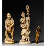 Two Japanse late Edo ivory okimono and a ditto Edo period netsuke (+)