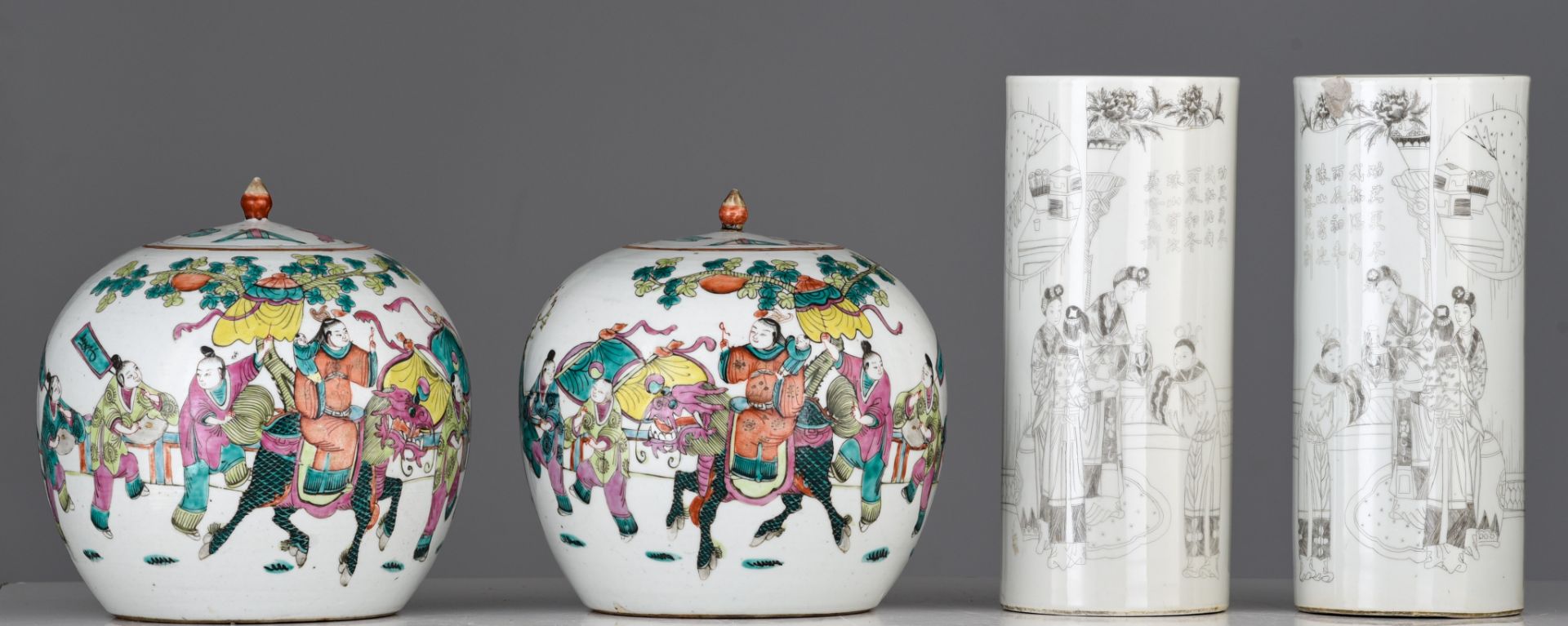 A collection of Chinese ginger jars, a water bowl and cylindrical vases, 19thC/Republic period, H 28 - Image 11 of 16